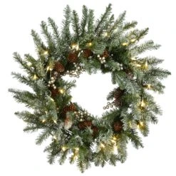 National Tree Company Pre-Lit Artificial Christmas Wreath, Green, Snowy Morgan Spruce, White LED Lights, Decorated With Pine Cones, Christmas Collection, 24 Inches