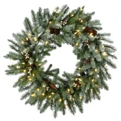 National Tree Company Pre-Lit Artificial Christmas Wreath, Green, Snowy Morgan Spruce, White Lights, Decorated With Pine Cones And Frosted Branches, Christmas Collection, 30 Inches