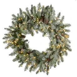National Tree Company Pre-Lit Artificial Christmas Wreath, Green, Snowy Morgan Spruce, Dual Color LED Lights, Decorated With Pine Cones, Christmas Collection, 24 Inches