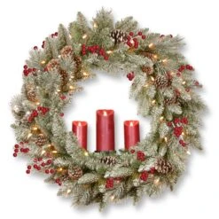 National Tree Company Pre-Lit Artificial 'Feel Real' Christmas Wreath, Green, Bristle Berry Pine, White Lights, Decorated With Berry Clusters, Pine Cones, Candle Holder, Christmas Collection, 36 Inches