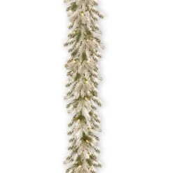 National Tree Company Pre Lit Artificial Garland, Snowy Sheffield, Green, Frosted, Decorated With Multifunctional Twinkling LED Lights, Plug In, Christmas Collection, 9 Feet