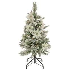 National Tree Company Artificial Frosted Colonial Pencil Slim Hinged Christmas Tree With Berries And Poinsettia Flowers, Pre-Lit With Clear Incandescent Lights, Plug In, 3 Ft