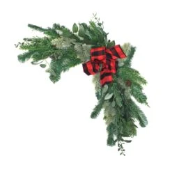 National Tree Company Mixed Pine And Bow Christmas Corner Swags With Plaid Bow And Pinecones, Set Of Two, 24 In