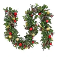 National Tree Company Pre Lit Artificial Garland, Rural Homestead, Green, Decorated With Red And Gold Ball Ornaments, Frosted Pine Cones, Berry Clusters, Warm White LED Lights, Battery Powered, Christmas Collection, 9 Feet