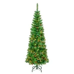 National Tree Company First Traditions Pre-Lit Rowan Pencil Slim Christmas Tree, Multicolor Incandescent Lights, Plug In, 6 Ft